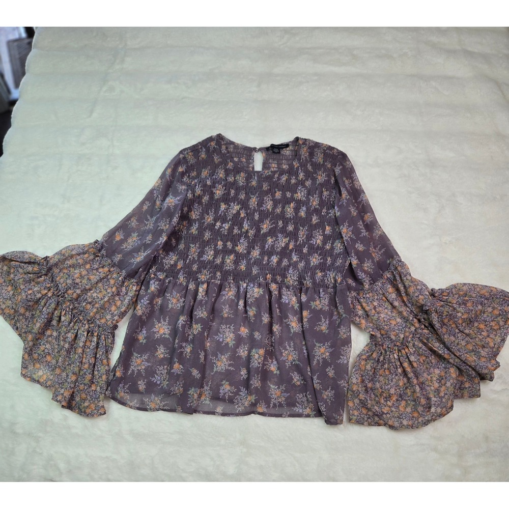 Purple Floral Smocked Bell Sleeve Peplum Blouse M Babydoll Cottagecore Peasant